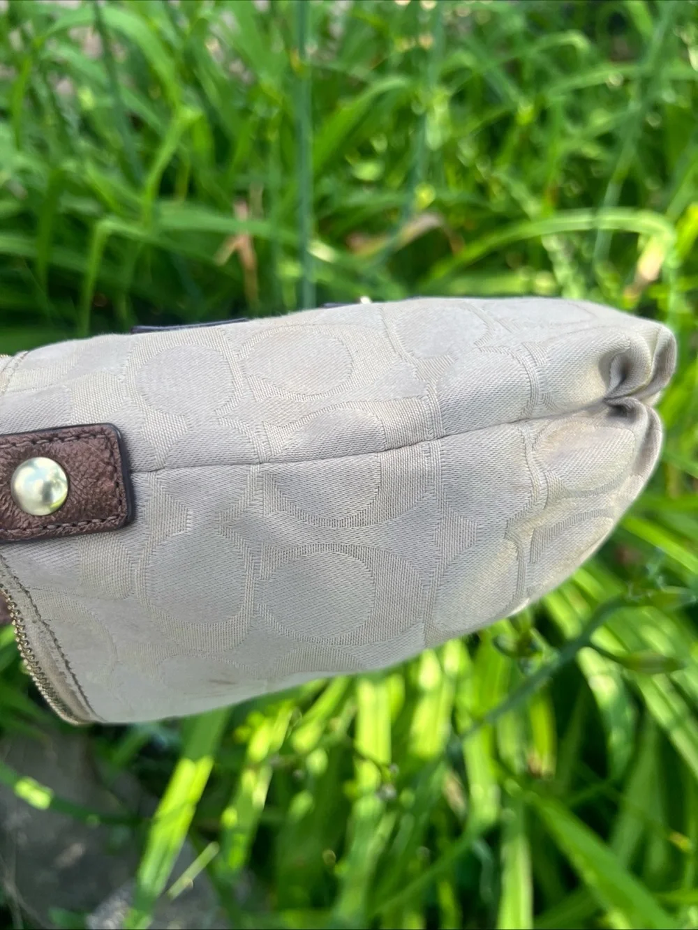 Coach Beige and Brown Signature Mini Shoulder Bag with Gold Hardware